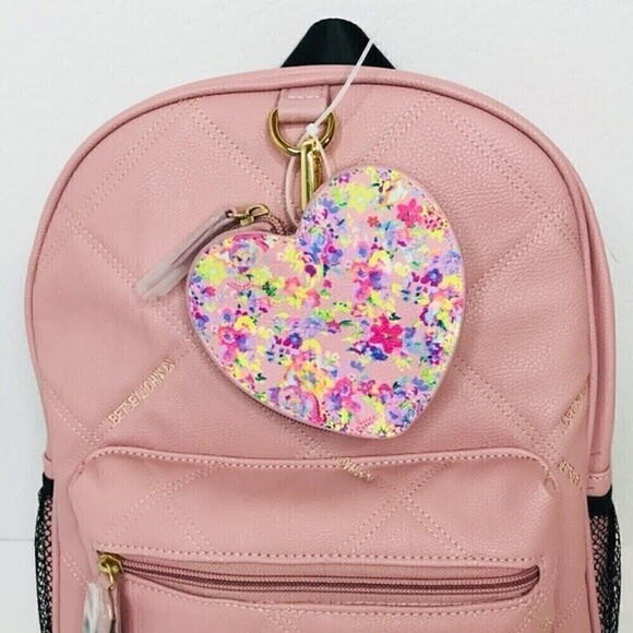 New! Betsey Johnson Quilted Faux Leather Pink Heart Coin Pouch Book Bag Backpack - Picture 12 of 16